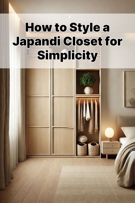 Modern minimalist bedroom closet design featuring a light wood wardrobe with sliding doors, open shelving, and hanging space. The shelves are neatly organized with folded clothes, woven baskets, and decorative items like vases and plants. A potted plant sits beside the wardrobe, adding a touch of greenery. The room is styled with neutral tones, creating a calm and serene atmosphere. Wabi Sabi Wardrobe, Japandi Closet, Japandi Wardrobe, Japandi Bedroom Ideas, Practical Organization, Japandi Bedroom, Smart Organization, Japanese Minimalism, Bedroom Wardrobe