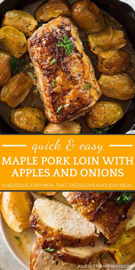 Roasted Pork Loin With Apples, Apple Roasted Pork Loin, Butterfly Pork Loin Recipes, Pork Loin Apples Onions, Apple Pork Loin Recipes, Pork Loin Thanksgiving, Full Pork Loin Recipes, Pork Loin And Apple Recipes, Apple Maple Pork Tenderloin