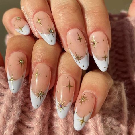 Celestial French Tip Nails, French Tip And Star Nails, French Manicure With Jewels, French Tip With Gold Stars, French Nails With Stars, Gold Star Nails, Gold Tip Nails, French Nail Ideas, Ivory Nails