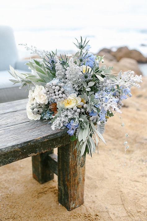 Sea Themed Bouquet, Beach Themed Wedding Flowers, Flower Bouquet Beach Wedding, Ocean Themed Wedding Bouquet, Ocean Wedding Bouquet, Blue And Tan Beach Wedding, Seafoam Blue Wedding, Coastal Bouquet Wedding, Beach Flower Bouquet