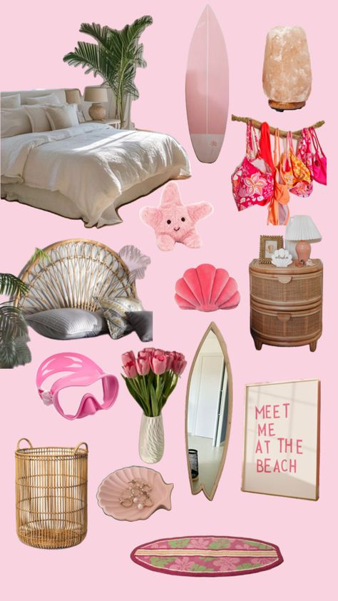 Beachy, pink, starfish, jellycats, surfboard, pink, rattan furniture, girly, bikini, bikini box Pink Beachy Aesthetic Bedroom, Pink Ocean Themed Bedroom, Coconut Girl Aesthetic Room Decor, Pink Beach House Decor, Cute Beach Room Decor, Pink Beach Room Aesthetic, Beachy Pink Bedroom, Tropical Room Aesthetic, Pink Costal Bedroom