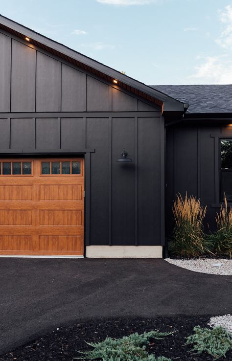 Black Board And Batten, Renovation Facade, Board And Batten Exterior, Wood Garage, Ranch House Exterior, Black Houses, Garage Exterior, Vertical Siding, Board And Batten Siding