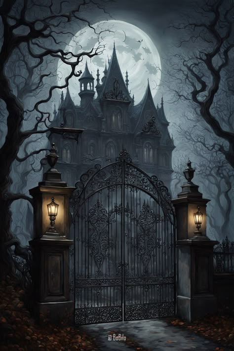 Haunted Manor: Spooky Full Moon Horror Scene 🌕 Haunted House Design, Dracula Mansion, Charlie Bone, Gothic House Exterior, Goth Mansion, Halloween Mansion, Haunted House Pictures, Spooky Disney, Spooky Mansion