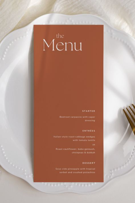 Our terracotta wedding menu is perfect for those who want to have an elegant and minimal wedding. Match your summer or even rustic fall wedding with this fully customisable rust wedding menu template. Our burnt orange wedding menu is a perfect pairing for a terracotta boho wedding theme. This minimal wedding dinner menu card comes in a tall menu and a wide menu size. Reeses Desserts, Fall Dinner Menu, Terracotta Boho Wedding, Beetroot Carpaccio, Dinner Menu Template, Roasted Cabbage Wedges, Dinner Menu Card, Burnt Orange Wedding, Rust Wedding