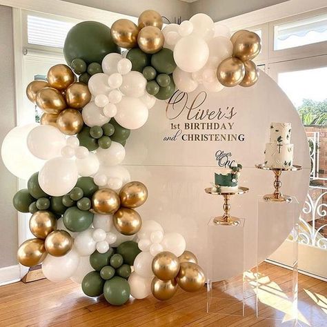 Light Green Balloon Garland, Sage Green Gold And White Balloon Decor, Sage White And Gold Balloon Arch, Sage Green And White Decorations, Sage Gold And White Birthday, Sage Green White And Gold Balloons, Green Gold White Party Decor, Green White And Gold Balloon Arch, Woodland Balloon Decorations