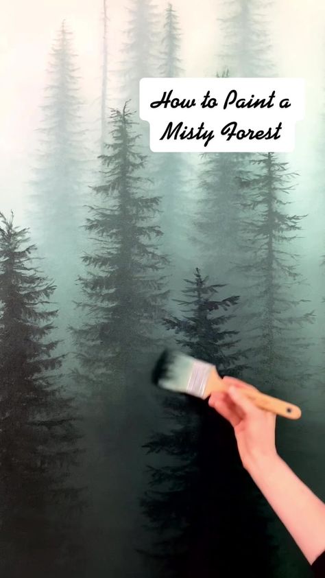 How To Paint A Forest Wall Mural, How To Paint Misty Trees, Misty Forest Drawing, Misty Forest Wall Mural, Abstract Pine Tree Painting, Painting Pine Trees On Walls, Nature Scene Painting Easy, Diy Forest Mural Nursery, Modern Living Room Artwork