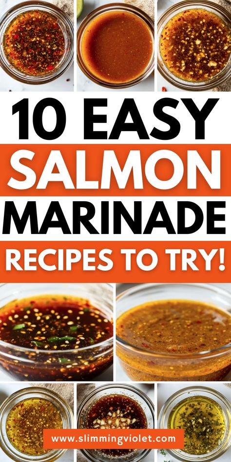 Elevate your salmon dinners with these 10 Easy Salmon Marinade Recipes! Whether you’re in the mood for sweet, savory, or spicy flavors, these marinades are quick to whip up and full of flavor. From the zesty Lemon Garlic and smoky Cajun Marinade to the sweet and tangy Honey Mustard or Sweet Chili options, there’s a recipe for every craving. Perfect for grilling, baking, or air frying, these marinades make meal prep simple and delicious. Save this list for effortless ways to make salmon taste amazing—healthy, flavorful, and ready to impress! Baked Salmon Marinade Recipes, Italian Herb Salmon Marinade, Marinate For Salmon Easy Recipes, Asian Marinade For Fish, Longhorn Salmon Marinade, Marinade For Tilapia, Salmon Marinade Recipes Air Fryer, Soy Marinated Salmon, Marinate Salmon Recipes