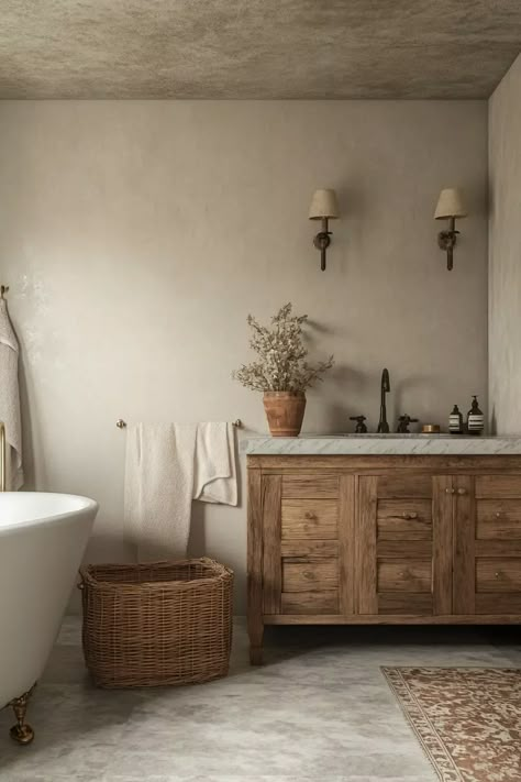 38 French Country Bathrooms That Embrace Classic Beauty | VIVA French Cottage Master Bath, French Country Tile Bathroom, English Country House Bathroom, Rustic Italian Bathroom Tuscan Style, Tuscan Inspired Bathroom, French Farmhouse Aesthetic, Italian Bathroom Tuscan Style, French Modern Bathroom, Nancy Meyers Bathroom