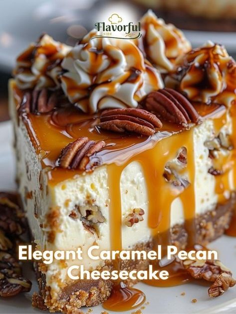 Elegant Caramel Pecan Cheesecake... - Flavorfulside Recipes | Facebook Pecan Caramel Cheesecake, Cheesecake Ideas, Cheesecake Base, Caramel Cheesecake Recipes, Caramel Pecan Cheesecake, Cheesecake Ingredients, Pecan Topping, Pecan Cheesecake, Gooey Caramel