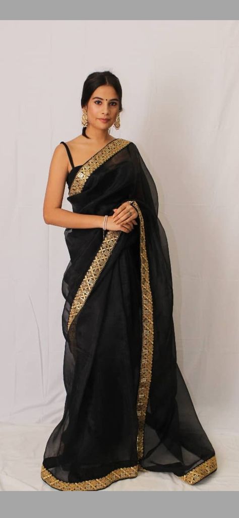 Black Organza Saree, Bottle Green Saree, Golden Border, Border Saree, Green Saree, Organza Saree, Pastel Green, Plain Black, Rose Print