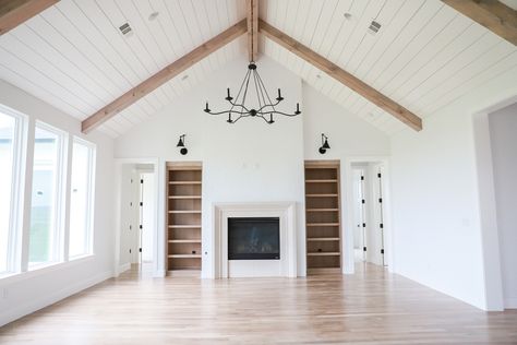 Vaulted Pine Ceiling Living Room, Beam And Shiplap Ceiling, White Shiplap Ceiling With Beams, Vaulted Shiplap Ceiling, Oak Lower Cabinets White Upper, White Ceiling With Wood Beams, Shiplap Vaulted Ceiling, Shiplap Ceiling Living Room, Shiplap Ceiling With Beams