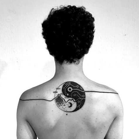 Yin Yang Mens Circular Circuit Board Back Tattoo Tech Tattoo, Unique Tattoos For Men, Yang Tattoo, Yin Yang Tattoos, Circle Tattoos, Back Tattoos For Guys, Cool Tattoos For Guys, Spine Tattoos, Arm Tattoos For Guys