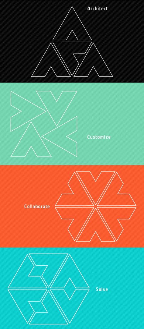 geometric pattern identity system Triangle Visual Identity, Geometric Branding Identity, Triangle Geometric Design, Geometric Shapes Branding, Geometric Visual Identity, Modular Brand Identity, Triangle Brand Identity, Brand Visual Identity System, Modular Logo Design