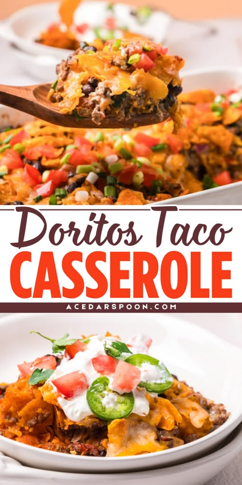 This easy Doritos Taco Casserole recipe is a quick and easy weeknight meal. Seasoned ground beef, poblanos, diced tomatoes, cheese and black beans are mixed together and topped with your favorite Doritos or chips to create a crunchy, flavorful topping. This will remind you of walking tacos in a casserole form! Taco Casserole Recipes Doritos, Street Taco Casserole, Doritos Locos Tacos Recipe, Dorito Taco Salad Casserole, Dorito Nachos Ground Beef Recipe, Dorito Pie Casserole, Taco Bake Doritos, Dorito Taco Casserole Bake, Taco Bake Casserole With Doritos