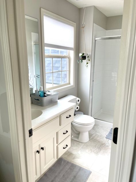 Painting A Teen Boy’s Bathroom Revere Pewter Revere Pewter Bathroom, Pewter Bathroom, Benjamin Moore Revere Pewter, Pewter Benjamin Moore, Bm Revere Pewter, Benjamin Moore Bathroom, Lake Bathroom, Light Pewter