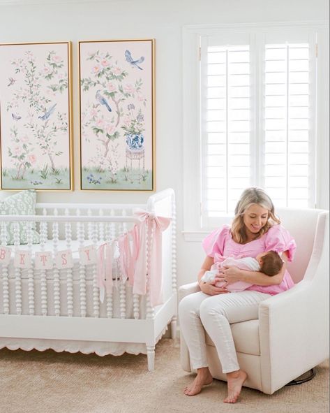 Pink Chinoiserie Nursery, Grandmillineal Nursery, Pink Nursery Chair, Blue Green Pink Nursery, Baby Girl Nursery Pink And Blue, Pink Preppy Nursery, Pink Chinoiserie Bedroom, Traditional Pink Nursery, Caitlin Wilson Nursery