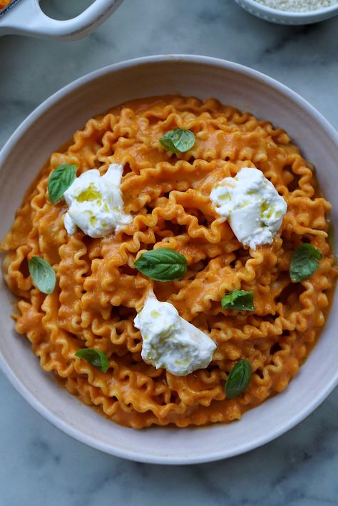 Roasted Tomato Caprese Mafaldine Mafaldine Pasta Recipes, Roasted Tomato Caprese, Tomato Caprese, Garlic Balsamic, Tomato Basil Pasta, Roasted Cherry, Roasted Cherry Tomatoes, Roasted Tomato, Tomato Basil