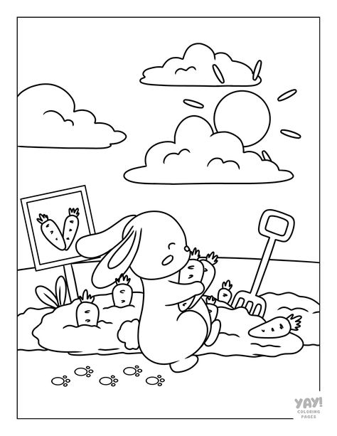 Bunny planting carrots in garden. Yay Coloring Pages, Cute Bunny Coloring Pages, Wholesome Drawings, Planting Carrots, Cute Coloring Pages For Kids, Cute Coloring Page, Bunny Coloring, Bunny Vintage, Garden Coloring Pages