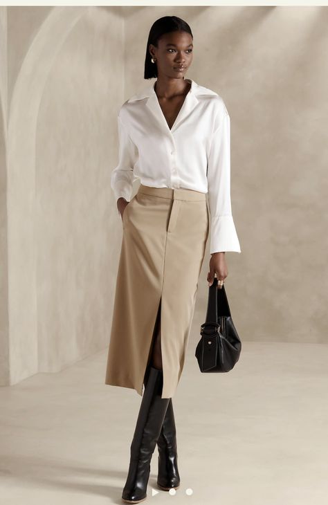 Chic Midi Skirt Outfit, Womens Business Casual Skirt, Long Work Skirt, Long Skirt Business Outfit, Chic Skirt Outfits Classy, Banana Republic Outfits 2023, Khaki Midi Skirt Outfits, Winter Capsule Wardrobe Work Office Wear, Trending Skirt Outfits