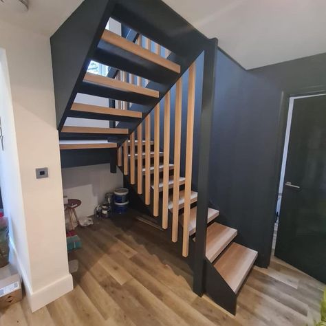 James Meakin Joinery on Instagram: “Bespoke, open tread, Oak staircase completed. I absolutely love this !! Painting expertly done by @ljonesdecorating Luke was able to rescue…” Open Tread Staircase Ideas, Open Plan Staircase, Open Tread Staircase, Black Stairs Wood Treads, Black Oak And Glass Staircase, Victorian Oak Staircase, Open Staircase Ideas, Zambia Laminate Stair Treads, Wood Spiral Staircase Stair Treads