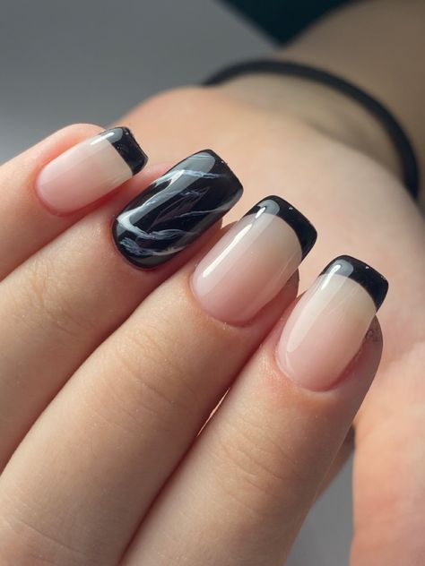 Marble Nail French Tip, Square Mid Length Nails, Black Marble French Tip Nails, Smol Nails, Mid Length Nail Designs, Black Marble Nail Designs, 60 Nails, Mid Length Nails, Black Marble Nails