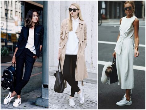 How to Wear Sneakers to Work and Look Professional Sporty Work Outfit, Sporty Work Outfits For Women, Athleisure Outfits For Work, Sneakers To Work, Sneakers Outfit Work, Athleisure Outfits Summer, White Sneakers Outfit, How To Wear Sneakers, Sneaker Outfits Women