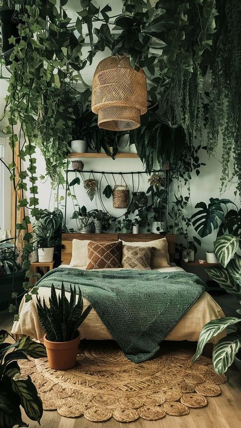 A woven basket-style hanging light enhances the organic feel. Perfect for plant lovers! Bedroom Ideas With Plants, Bohemian Plants, Bedroom With Plants, Plant Bedroom, Boho Bedrooms, Potted Ferns, Plants Hanging, Boho Style Bedroom, Basket Style