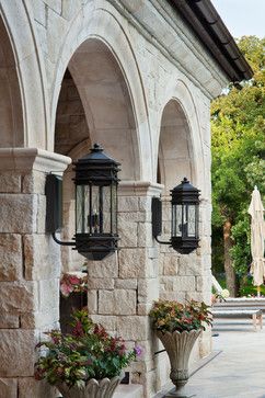 House Exterior Lights, White Stone House, Mediterranean House Exterior, Jauregui Architects, Tuscany Home, Stone Entryway, Exterior Lights, Mediterranean House, Mediterranean Home Decor