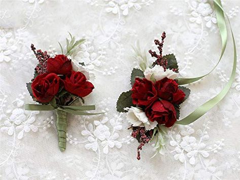 Prom Corsage Red, Rose Corsage And Boutonniere, Formal Corsage, Aquarium Wedding Decorations, Hoco Flowers, Red Rose Boutonniere, Red Corsages, Hoco 2022, Corsage Flowers