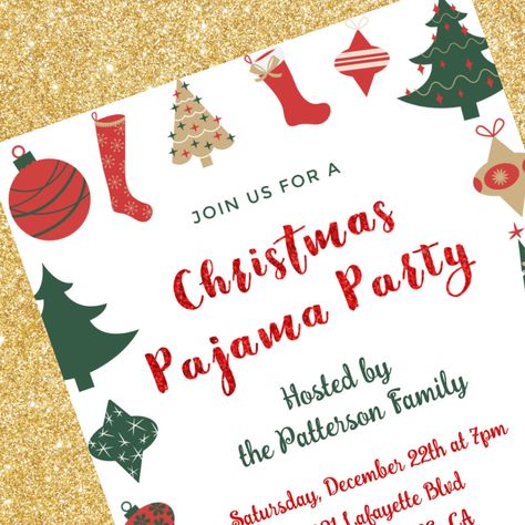 Christmas Pajama Party Glitter red green beige Friendsmas Invitations, Adult Pajama Party Invitations, Christmas Pajamas Party, Adult Slumber Party, Christmas Socks Pattern, Slumber Party Invitations, Christmas Pajama Party, Pajamas Party, Illustration Invitation