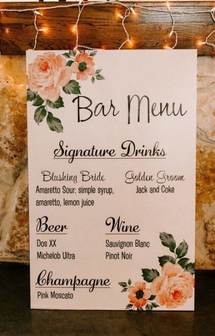 Good idea to have? Not completely anything you want open bar Blushing Bride Drink, Peach Wedding Decorations, Drink Wedding, Open Bar Wedding, Wedding Drink Menu, Wedding Bar Menu Sign, Wedding Signature Drinks, Wedding Decor Photos, Wedding Ceremony Ideas