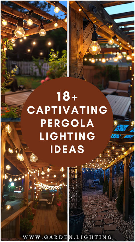 a collage of photos of a pergolia lighting idea Pergola Lighting Ideas, Hanging Patio Lights, Gazebo Lighting, Hanging Solar Lights, Outdoor Fairy Lights, Backyard Garden Landscape, Modern Pergola, Pergola Lighting, Patio String Lights