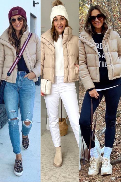 Cream Puffy Jacket Outfit, Winter Outfits With Puffy Jackets, Women Puffer Jacket Outfit, Puffer Jacket Outfits For Women, Nude Puffer Jacket Outfit, Beige Jacket Outfit Winter, Khaki Puffer Jacket Outfit, Tan Puffer Jacket Outfit, Cream Puffer Jacket Outfit