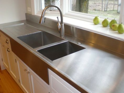 Stainless Steel Kitchen Countertops, Stainless Steel Kitchen Cabinets, Steel Kitchen Cabinets, Steel Counter, Replacing Kitchen Countertops, Diy Kitchens, Outdoor Kitchen Countertops, Kitchen Countertop Materials, Integrated Sink