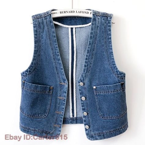 Jean Vest Pattern, Sleeveless Patchwork Denim Vest For Summer, Casual Recycled Denim Vest With Pockets, Long Vest Pattern Denim, Blue Denim Vest With Pockets In Recycled Material, Summer Denim Patchwork Vest, Upcycle Jean Jacket, Denim Gilet, Sleeveless Vest Jacket