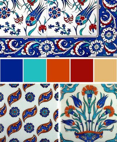 Not so much the patterns, but the color palette in the middle: blue, turquoise, rusty orange, rusty red, beige. Global Color: Turkish Tile Color Scheme Red Backsplash, Kitchen Color Palettes, Mexican Colors, Turkish Tile, Red Color Schemes, Red Colour Palette, Color Schemes Colour Palettes, Kitchen Colour Schemes, House Color Schemes