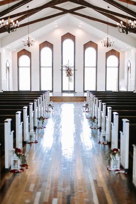 Beautiful White Chapel. Rustic Grace Estates. Dallas Weddings. Little White Church Wedding, Rustic Chapel Wedding, Chapel Aesthetic, Wedding Chapel Decorations, Rustic Chapel, Chapel Decorations, Modern Chapel, Church Building Design, Church Interior Design