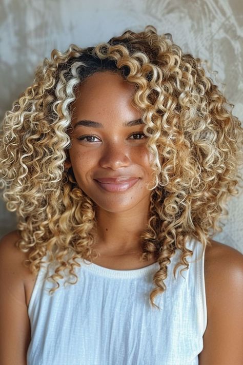 Mixed Race Blonde Hair, Blonde Hair Mixed Girl, Mixed Girl Blonde Hair, Warm Blonde Curly Hair, Blonde Curly Hair Natural, Blonde Highlights Curly Hair, Curly Blonde Hair, Blonde Ambition, Highlights Curly Hair