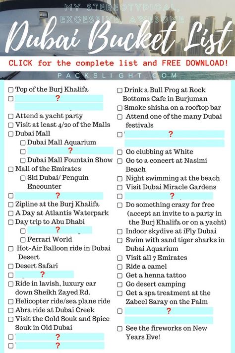 This list is an excessive, expensive, crazy, and oh-so-Dubai list of things you have to do while you're in this iconic city!  Click through and download the complete list for FREE! What To Do In Dubai, Dubai Guide, Dubai Things To Do, Abu Dhabi Travel, Things To Do In Dubai, Dubai Travel Guide, Travel Dubai, City Dubai, Gold Ideas