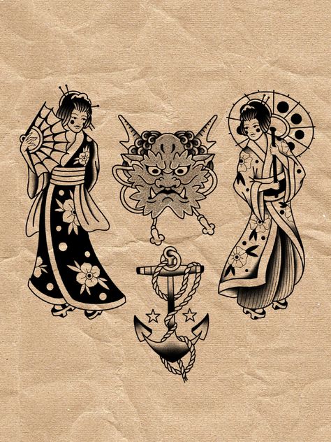 Japanese Traditional Tattoo Black, Samurai Tattoo Traditional, Japanese Black Tattoo, Japanese Tattoo Art Traditional Black, Japanese Traditional Flash, Japanese Old School Tattoo, Old School Japanese Tattoo, American Traditional Japanese, Japanese Traditional Tattoo Flash