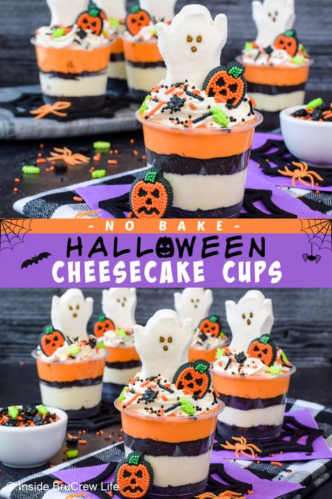 Ghost Peeps, Oreo Cheesecake Cups, Cheesecake Parfait Recipes, Oreo Cookie Dessert, Halloween Cheesecake, Cheesecake Cups Recipe, Bake Halloween, Halloween Platter, Orange Cheesecake