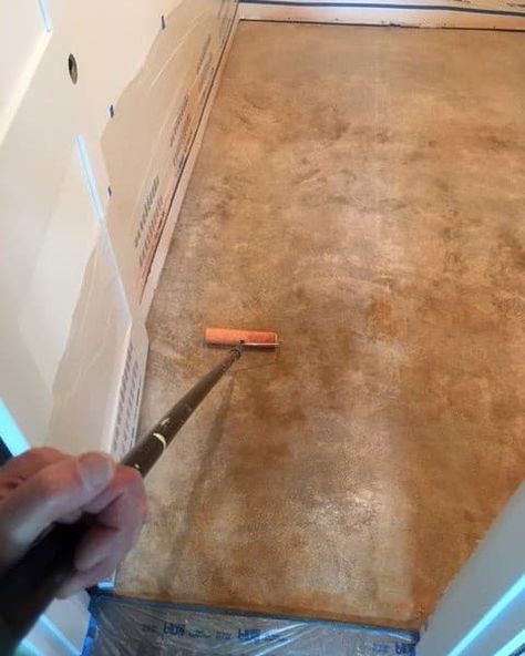 applying color stain basement floor Stain Basement Floor, Staining Concrete, Acid Stain, Concrete Sealer, Basement Floor, Color Test, Concrete Color, Water Based Stain, Basement Flooring