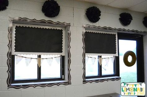 Farmhouse Classroom Reveal Classroom Window Coverings, Teaching Decor, Classroom Windows, Black Classroom, Burlap Classroom, Rustic Classroom Decor, Classroom Curtains, Calming Classroom, Shabby Chic Classroom