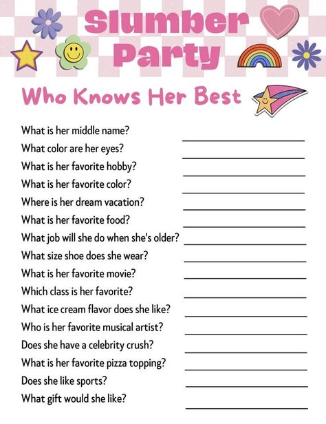 Birthday Quizzes, Fun Sleepover Activities, Sleepover Essentials, Fun Sleepover Games, Birthday Sleepover Ideas, Sleepover Tips, Dream Sleep, Afrikaans Language, Slumber Party Games