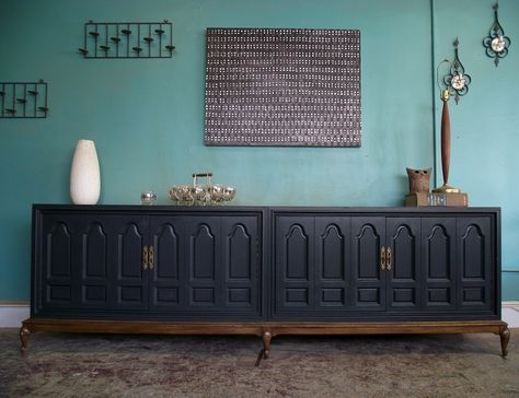 Vintage Ground: Large Vintage Charcoal Buffet / Sideboard / Media ... Extra Long Sideboard, Home Furniture Ideas, Dining Room Console Table, Long Sideboard, Sideboards And Buffets, Dining Room Console, Long Living Room, Sideboard Decor, Kitchen Cabinets And Countertops