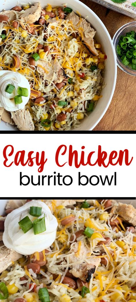 Easy Chicken Burrito Bowls Ww Zero Point Chicken Burrito Bowls, Burittos Bowl Recipes Chicken Crockpot, Unwrapped Burrito Bowl Recipe, Shredded Chicken Burrito Bowls, Chicken Burrito Bowl Stove Top, Burrito Bowl With Rotisserie Chicken, Naked Chicken Burrito, Diy Burrito Bowl, Shredded Chicken Bowls Healthy