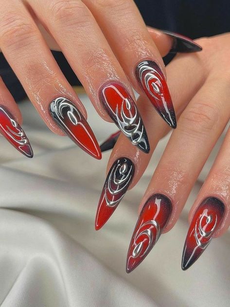 Goth Nail Designs, 2023 Aura, Black Chrome Nails, Gothic Nail Art, Aura Nails, Warrior 2, Airbrush Nails, Nail Trend, Gothic Nails