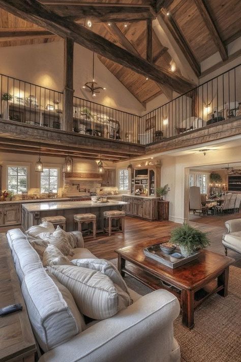 Rustic Farmhouse Decor Living Room, Living Room Open Concept, Farmhouse Kitchen Living Room, Barndominium Interior, Barn House Interior, Ranch House Decor, Barn House Design, Barn Style House Plans, Dream Life House