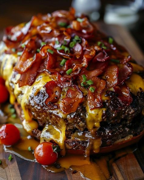 Bacon Cheeseburger Meatloaf Bbq Bacon Cheddar Meatloaf, Ground Beef Recipe Low Carb, Cheese Burger Bacon Meatloaf, Bacon Cheeseburger Meatloaf Recipes, Bbq Bacon Cheeseburger Meatloaf, Cozy Easy Dinners, Cheese Burger Meatloaf, Bacon Cheeseburger Lasagna, Garlic Butter Bacon Cheeseburger Roll Ups