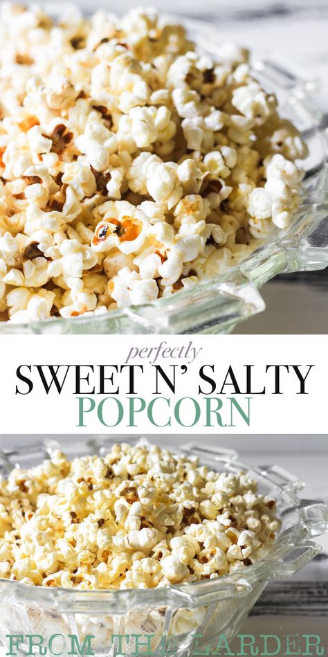 This Perfectly Sweet n'Salty Popcorn is the ideal accompaniment to movie nights on the sofa, the right balance of buttery finger-lickin' sweet and salty goodness. #popcorn #glutenfree #snacks #easyrecipe #butteredpopcorn #recipe #sweet Sweet And Salty Popcorn, Popcorn Recipes Sweet, Popcorn Recipes Easy, Salty Popcorn, Sweet Popcorn, Popcorn Snacks, Popcorn Seasoning, Popcorn Recipe, Popcorn Recipes